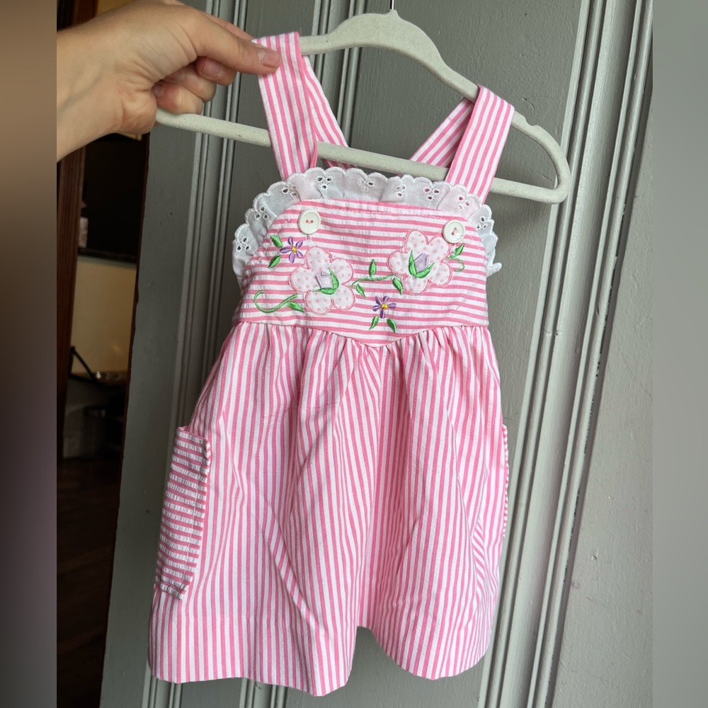 Vintage Tiny Tots 12m Pink Striped Baby Dress with Floral Embroidery
